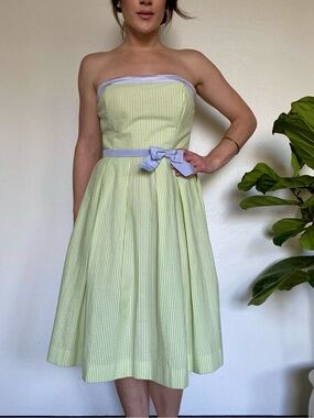 Talbots Strapless Lime-Striped Dress with Lilac Trim
